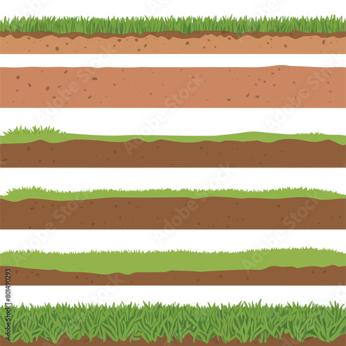 Set of various seamless ground cross sections showing layers of soil, grass, and underground textures, perfect for environmental and landscaping designs.