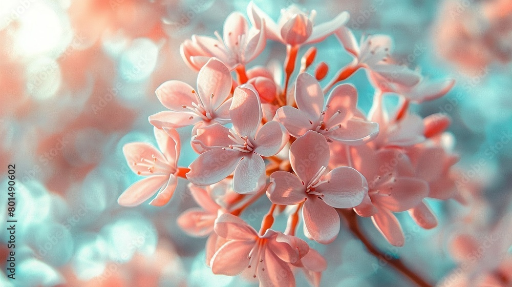   A detailed image of a pink blossom on a twig with hazy shades of blue and pink surrounding it