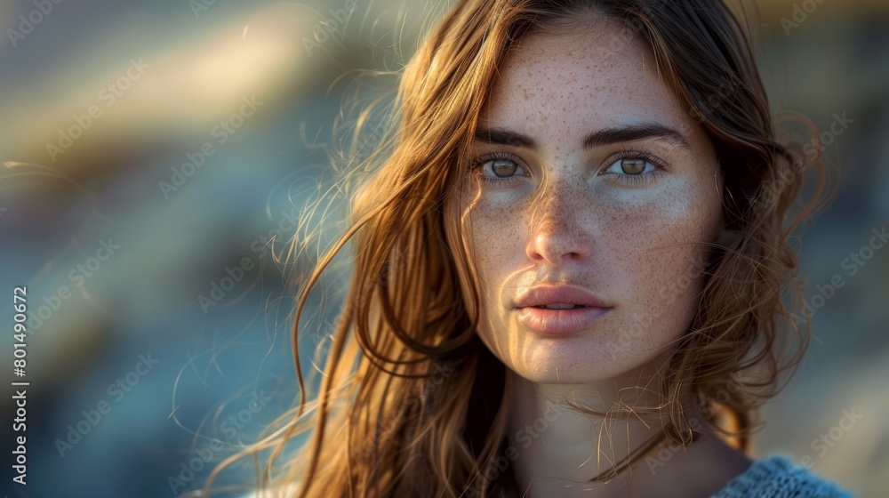 Close up portrait of a beautiful young woman with freckles on her face. Close up portrait of a beautiful young woman with freckles on her face.