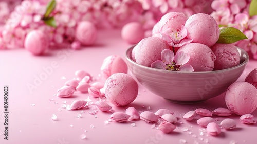 A pink bowl of macaroni and cheese on a pink surface surrounded by pink flowers