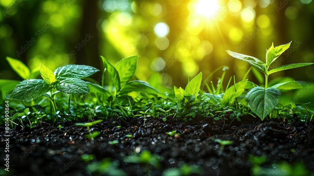 A detailed shot of a lawn with a tiny herb sprouting from the soil in the foreground A detailed shot of a lawn with a tiny herb sprouting from the soil in the foreground
