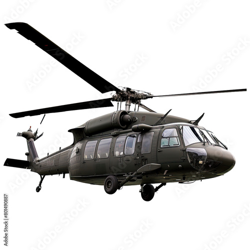 Flying military helicopter on white background,png