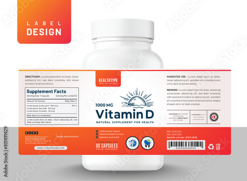 Food supplement multi vitamin label sticker design and medicine bottle jar box packaging.