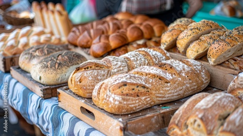 Loaves of freshly baked bread on a stall at Stroud Market photo