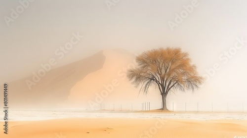   A solitary tree amidst a barren desert landscape  surrounded by towering sand dunes  and shrouded in a mystical foggy sky