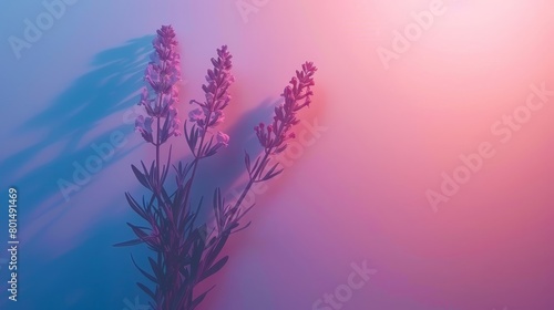  a plant with lengthy stems in the foreground against a pink and blue backdrop