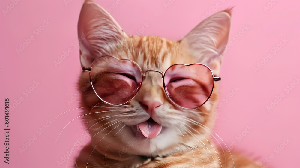  A close-up of a cat with heart-shaped glasses on its face, with its tongue out