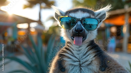  Close-up of lemur in sunglasses, making funny face with tongue extended photo