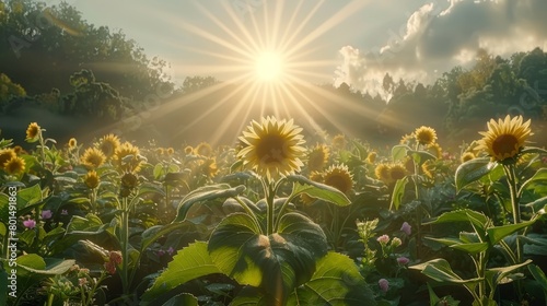   A vast sunflower field under sunlight filtering through clouds Trees line the foreground photo