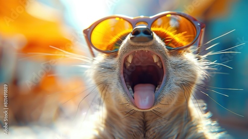  A close-up photo of a feline in sunglasses with its mouth slightly ajar