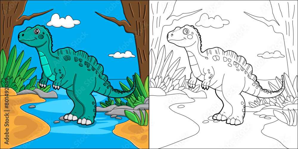 © Richard O'Donoghue - Cute cartoon dinosaur colouring page both outlined and coloured in versions © Richard O'Donoghue - Cute cartoon dinosaur colouring page both outlined and coloured in versions