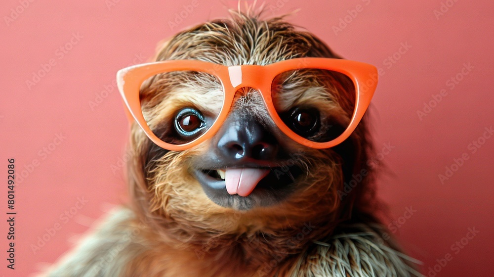   A close-up of a dog in sunglasses with its tongue out