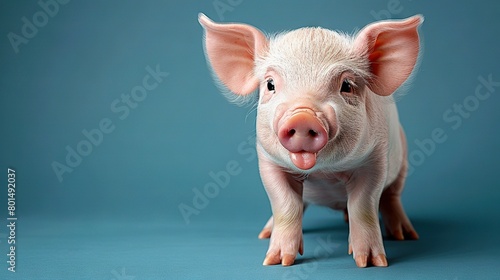  Close-up image of a pink pig on a blue backdrop, with its tongue protruding and drooping
