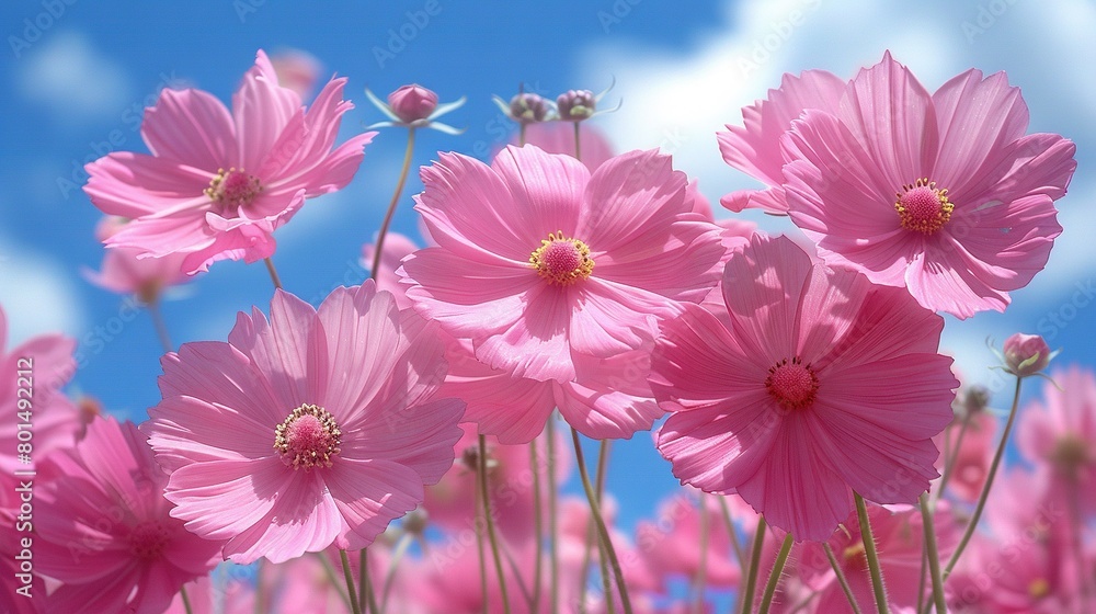 A pink bouquet under a blue sky, with cloudy background A pink bouquet under a blue sky, with cloudy background