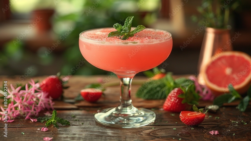 A pink drink sits on top of a wooden table next to a grapefruit and a grapefruit A pink drink sits on top of a wooden table next to a grapefruit and a grapefruit