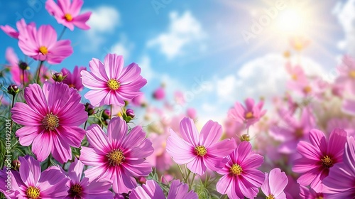   A photo featuring a pink flower field beneath a clear blue sky and a bright yellow sun overhead © Sonya