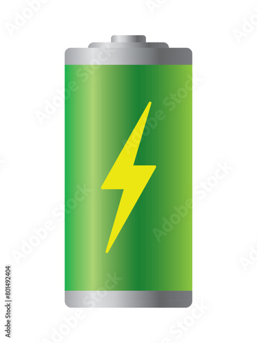 Fully charged green battery vector illustration isolated on white background. Concept of power and energy. Glossy battery full level indicator icon. Battery technology .