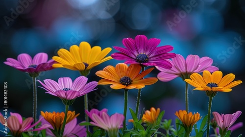   A sharp focus on a cluster of vibrant flowers  with a soft and hazy background