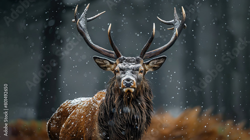  A close-up photo of a deer with enormous antlers atop its head surrounded by snowy terrain
