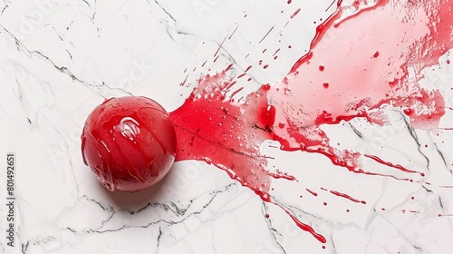   A red apple atop a marbled counter, unadulterated No red paint or splatters present photo