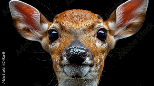   A close-up photo of a deer's face against a dark background, featuring a bit of snow on its muzzle photo