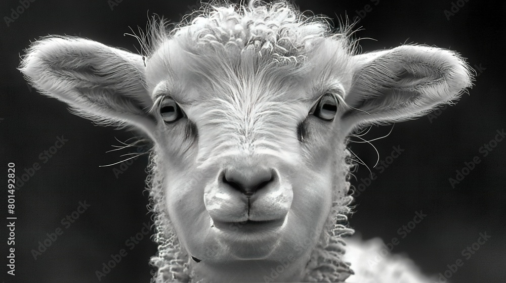  A monochrome image of a sheep's face with a collar adorned with a chain
