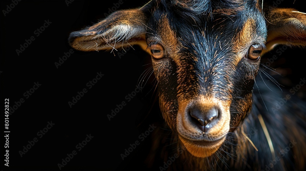Fototapeta premium A close-up of a goat's face on a black background with a blurred look