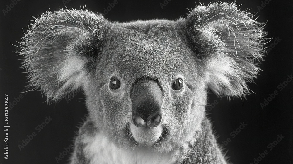 Fototapeta premium Koala with wide-open eyes in black and white photo