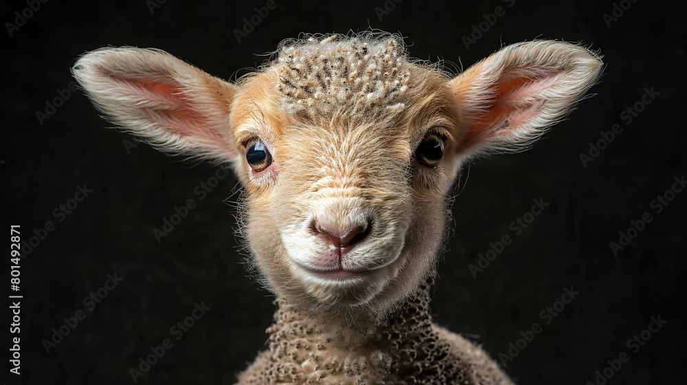 Fototapeta premium Close-up of sheep's face on black background with slight hair
