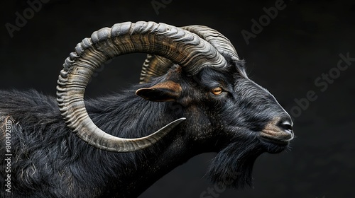   A goat with long horns on a dark background, depicted in close-up, with only one visible eye © Sonya