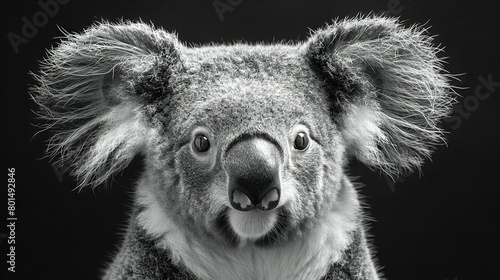  Monochromatic image of a koala bear with an astonished expression staring directly into the lens