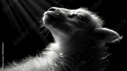  Monochrome image of a dog tilted head, gazing upward with closed eyes © Sonya