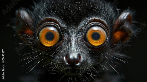   Close-up of a monkey's face with an orange eye in a black background photo