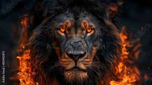   Close-up of a fiery lion s face with intense eye gaze