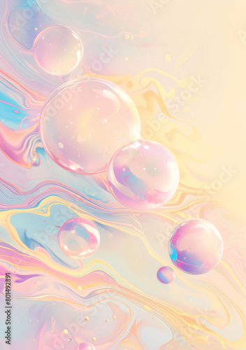 Abstract background with whimsical marble and floating bubbles in soft pastel colors