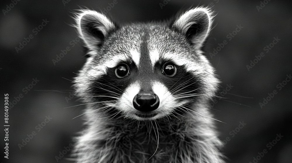   A monochrome picture of a raccoon gazing into the lens with a melancholy expression
