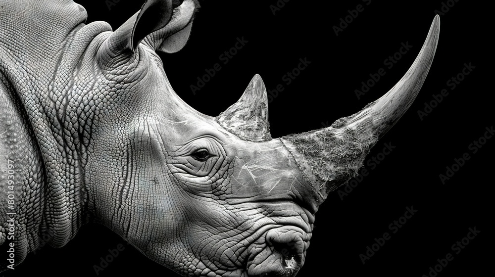 Obraz premium A monochrome image of a rhino with its head turned to the side on a dark background