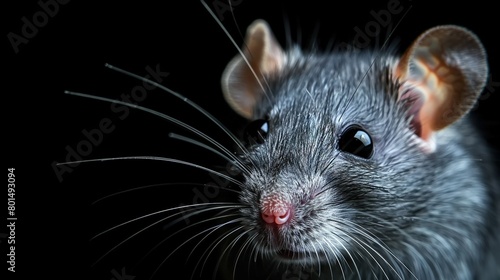   A detailed view of a rodent against a dark backdrop with an out-of-focus portrayal of its facial features