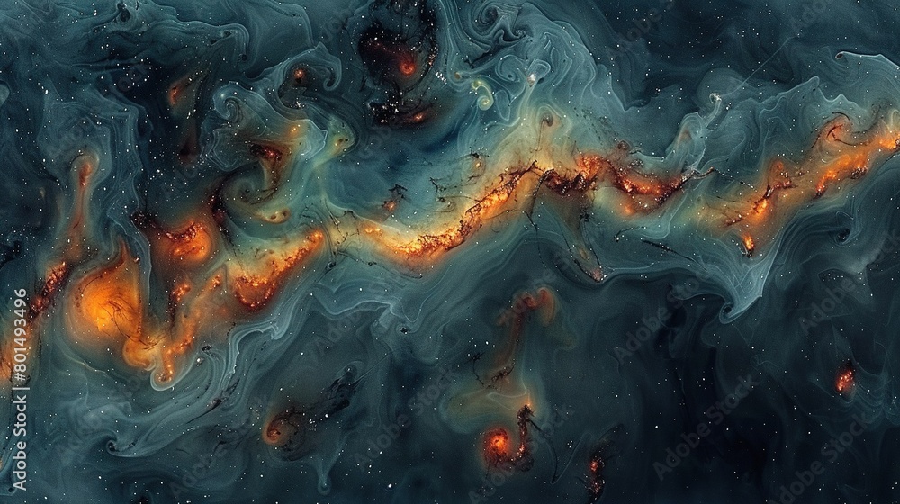 A detailed image of an abstract artwork featuring vibrant orange and blue brushstrokes against a deep navy canvas, accompanied by twinkling celestial bodies above A detailed image of an abstract artwork featuring vibrant orange and blue brushstrokes against a deep navy canvas, accompanied by twinkling celestial bodies above