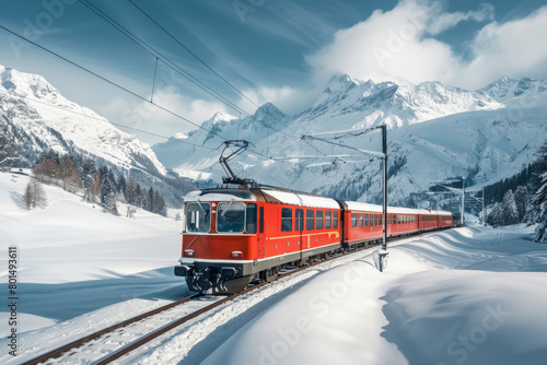  train driving trough the snowy mountains of switzerland 