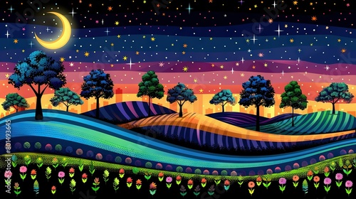  A landscape painting featuring trees, hills, and a crescent moon with stars in the sky