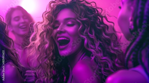 fashionable and attractive woman with gorgeous hair that has a lot of volume to it's lofty curls, shouts the lyrics to a song whilst dancing with her friends, purple tone to the photo
