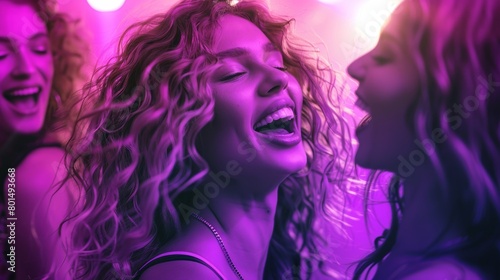 fashionable and attractive woman with gorgeous hair that has a lot of volume to it's lofty curls, shouts the lyrics to a song whilst dancing with her friends, purple tone to the photo