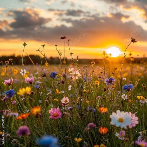 Close up from rower angle of various spring flowers on field. Background is beautiful sunset . 