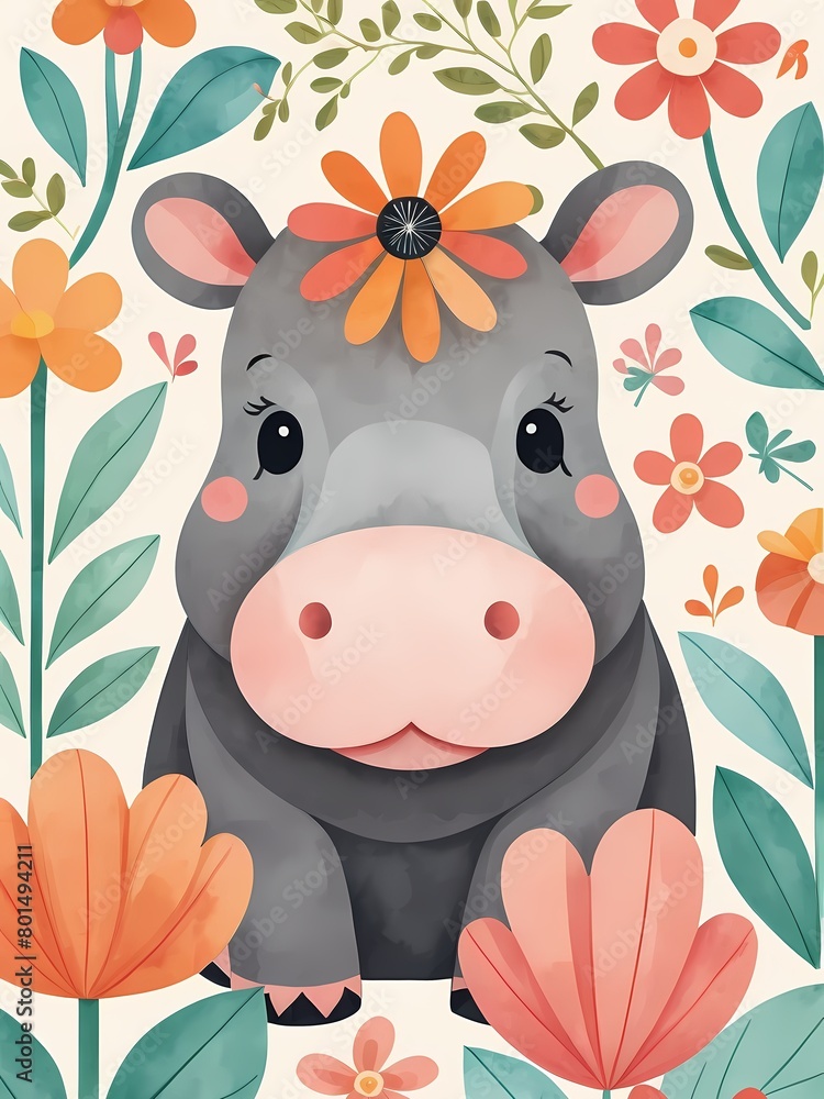 Floral Baby Hippo Nursery Generative AI Illustration Floral Baby Hippo Nursery Generative AI Illustration