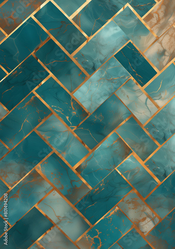 Abstract background featuring teal marble with burnt umber veins and gold herringbone patterns photo