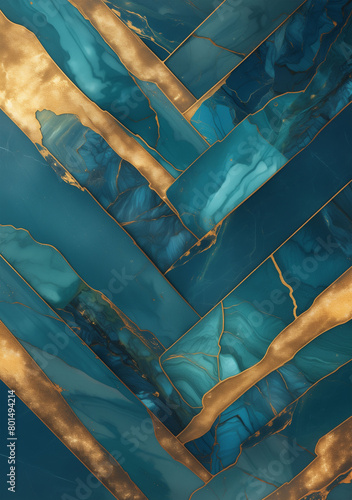 Abstract background featuring teal marble with burnt umber veins and gold herringbone patterns photo