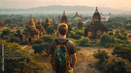 A solo tourist admiring ancient temples at sunrise in Bagan, Myanmar photo