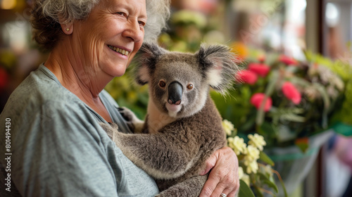 Uma mulher com um coala no colo em uma floricultura 