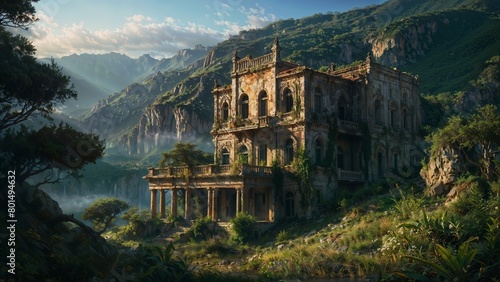 Overgrown, once-magnificent mansion stands forgotten amidst a verdant mountainous landscape as the sun sets photo